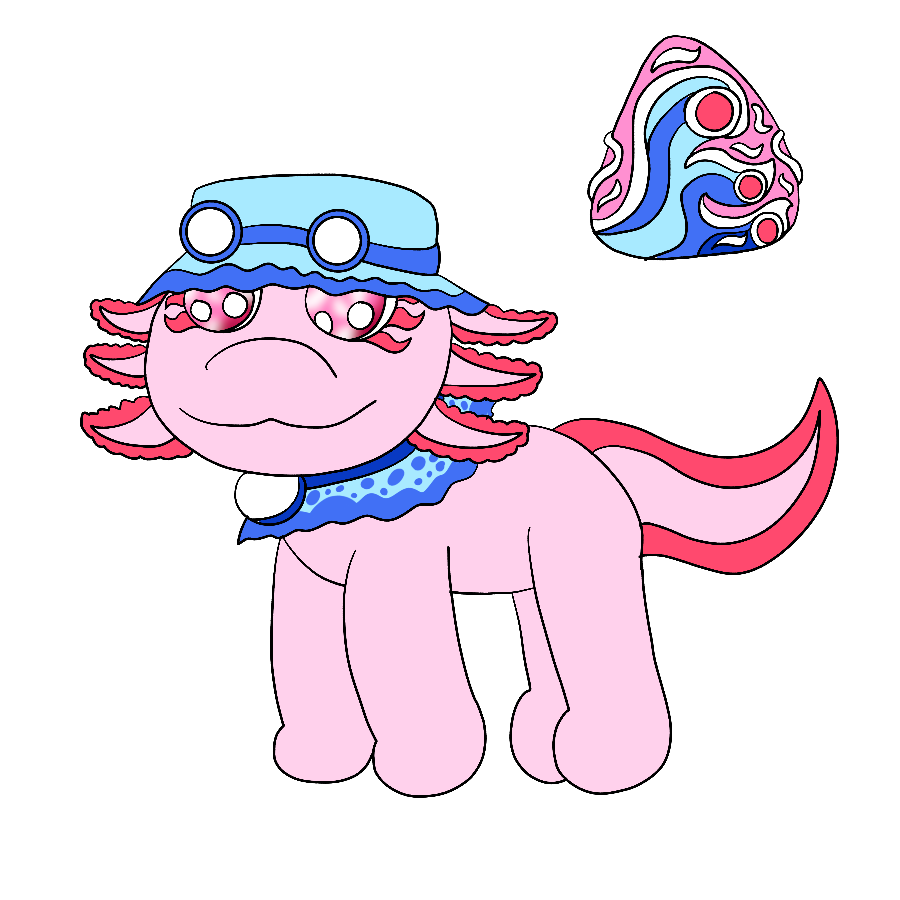 The artist's fan Jewelpet, an axolotl with sparkly magenta eyes who wears a blue bucket hat with goggles on it and a blue water-print collar with a large, round, white charm in the center, smiling and standing. His Jewelcharm is placed in the upper-right corner of the drawing.