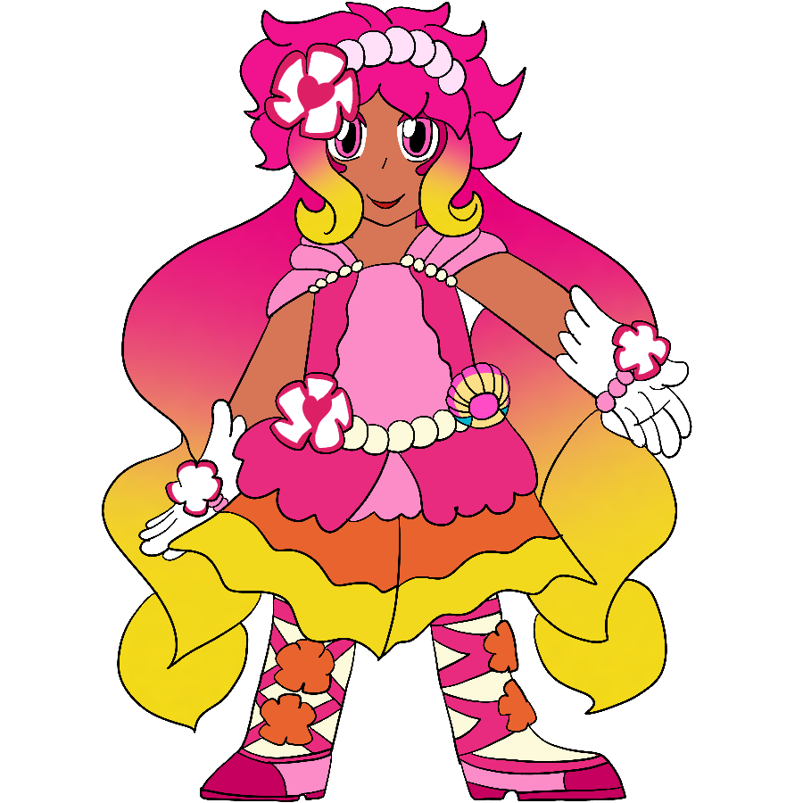 A reference for one of the girls from the poster. She is a thin, tanned girl with pink eyes, wavy pink to yellow gradient hair, and wears a warm-colored, hibiscus-themed Cure uniform.