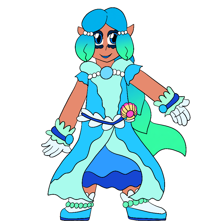 A reference for one of the girls from the poster. She is a thin, tanned girl with blue eyes, blue to seafoam gradient hair kept in sides that resemble crab pinchers and a long fishtail braid, and wears a cool-colored, ocean-themed Cure uniform.