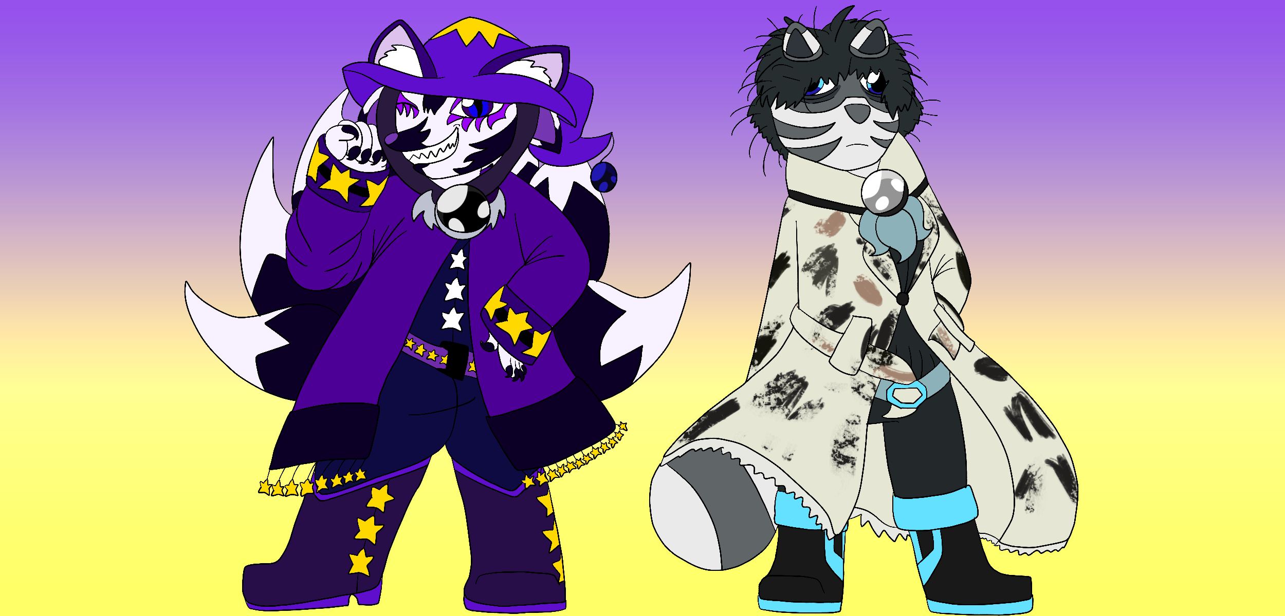 Two of the artist's Jewelpet original characters standing against a purple to yellow gradient background. The first is a lavender anthropomorphic kitsune with purple markings and blue eyes who wears a purple and gold wizard outfit with prominent star motifs, and he poses confidently. The second is a silver anthropomorphic tanuki with short and messy dark gray hair, blue eyes with prominent eyebags, and he wears a futuristic gray and aqua outfit underneath a heavily discolored and stained lab coat.