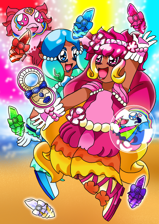 A mock poster for Tropical Rouge Precure featuring predictions for the team. It shows two tanned, thin girls in ocean-inspired Cure looks grinning widely and posing together while surrounded by an axolotl-like fairy, a fish-like fairy in a bubble, a seashell-themed open makeup compact, and various glowing sparkly lipsticks with tubes shaped like conch shells against a colorful beach scene.