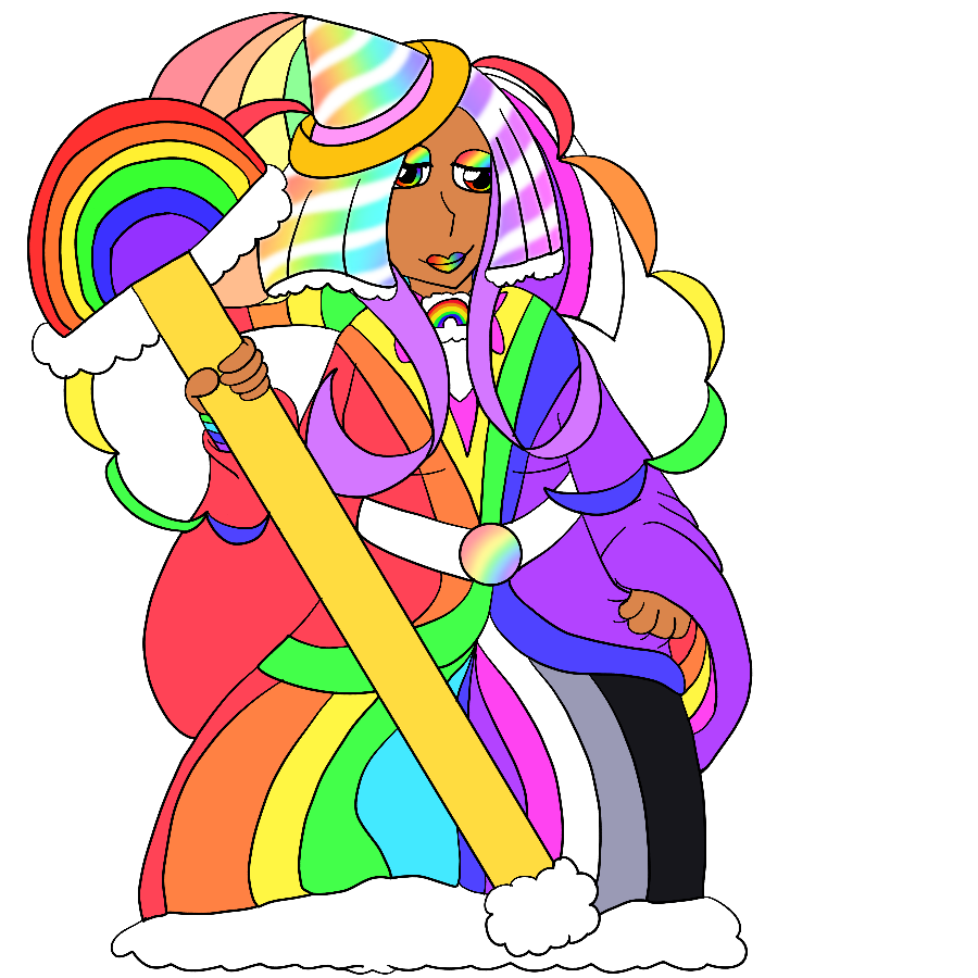 A fan interpretation of Lady Jewelina from Jewelpet. She is depicted with tanned skin, long rainbow hair, rainbow eyes, and she wears a rainbow-themed outfit complete with eyeshadow and lipstick and wields a rainbow-themed staff.