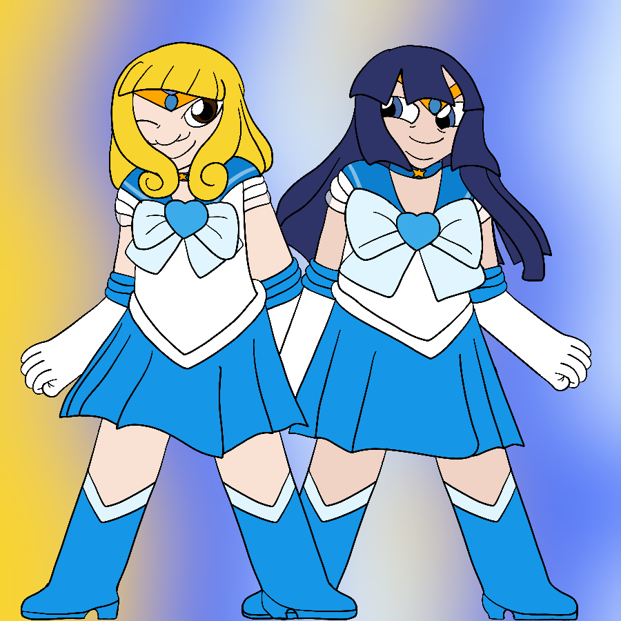 Yayoi Kise and Reika Aoki from Smile Precure smiling and standing together against a yellow, blue, and white gradient background. They are both dressed as Sailor Mercury from Sailor Moon.