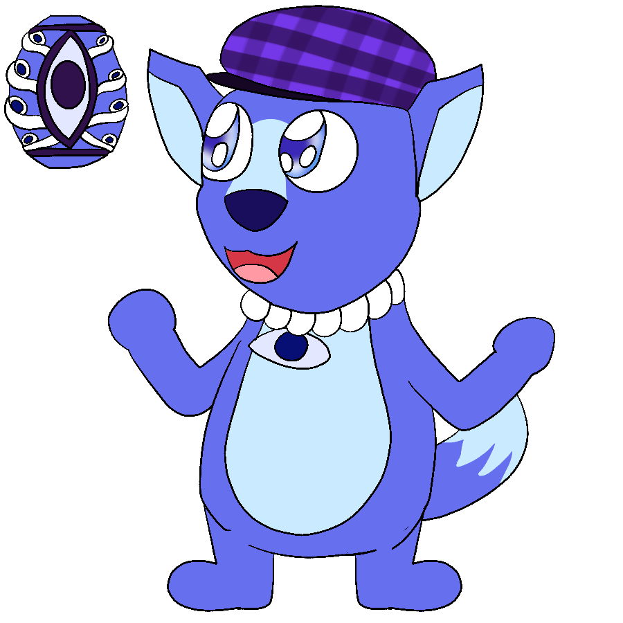 The artist's fan Jewelpet, a blue kangaroon with sparkly blue eyes who wears a plaid, purple newsboy cap and a pearl necklace with an eye charm on it, smiling and standing. His Jewelcharm is placed in the upper-left corner of the drawing.