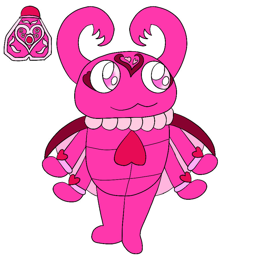 The artist's fan Jewelpet, a hot pink stag beetle with sparkly pink eyes and heart-shaped markings on her forehead who wears bracelets with hearts on them and a pearl necklace, smiling and standing. Her Jewelcharm is placed in the upper-left corner of the drawing.