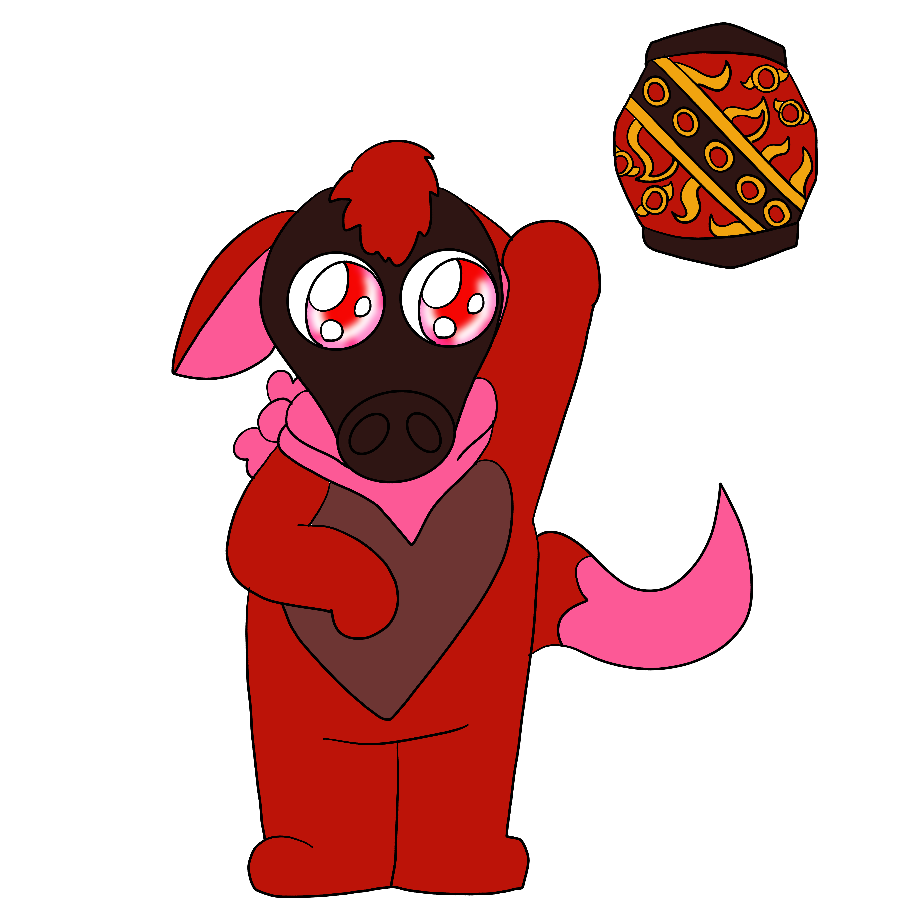 The artist's fan Jewelpet, a burgundy and pink aardvark with sparkly red eyes who wears a deep burgundy gas mask and a magenta bandanna, raising a hand. His Jewelcharm is placed in the upper-right corner of the drawing.