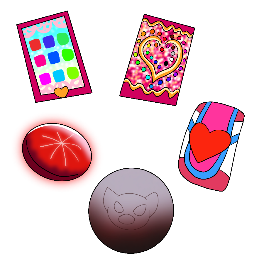 A set of items from the artist's Jewelpet fanseries. They include the front and back of a smartphone with a sparkly magenta case, a round red stone with a star in the center and a glow, a pink, blue, and white phone carrying case with a heart-shaped latch, and a round, dull red gradient orb with an agry pig face on it.