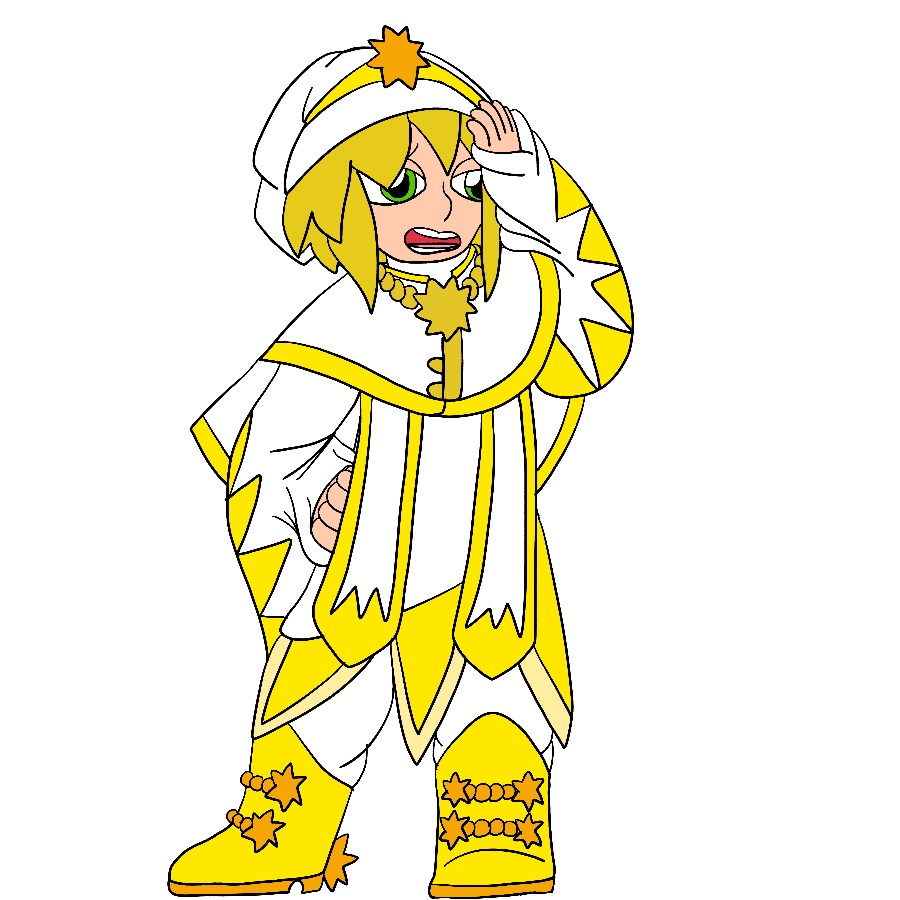 Artwork of A fan interpretation of Sulfur from Jewelpet. He wears a white, yellow and gold mage outfit with prominent star motifs, and has an exhausted look on his face as he holds his head with his hand.