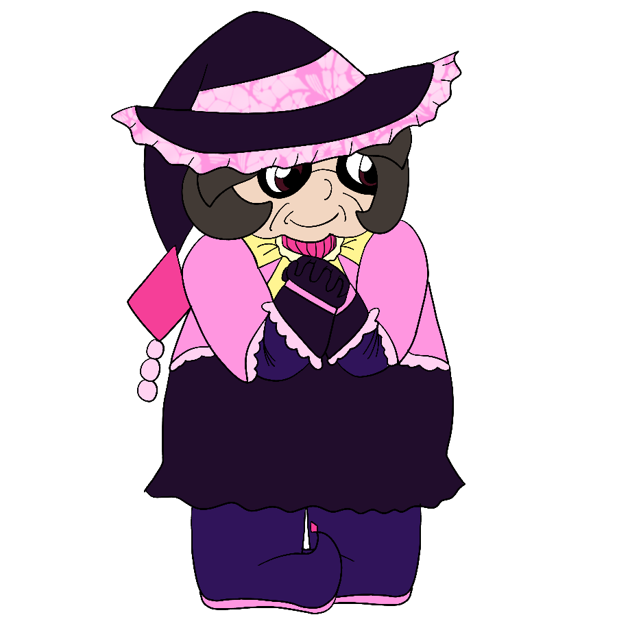 A fan interpretation of Halite from Jewelpet. She wears a dark purple, light yellow, and pink witch outfit with diamond and pearl motifs and prominent lace trim, and she smiles as she clasps her hand.