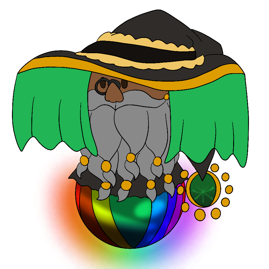 A fan interpretation of Moldavite from Jewelpet. He wears a large black wizard hat with gold trim, green veils, and a large gem hanging from its tip as well as a monocle and cloak, and he stands on top of a glowing rainbow orb.