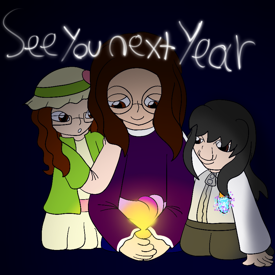 The artist and two of his original characters sitting on their knees in a dark area. The characters curl around the artist, who smiles as she examines a ball of light in her arms. See you next year is written in glowing text above them.