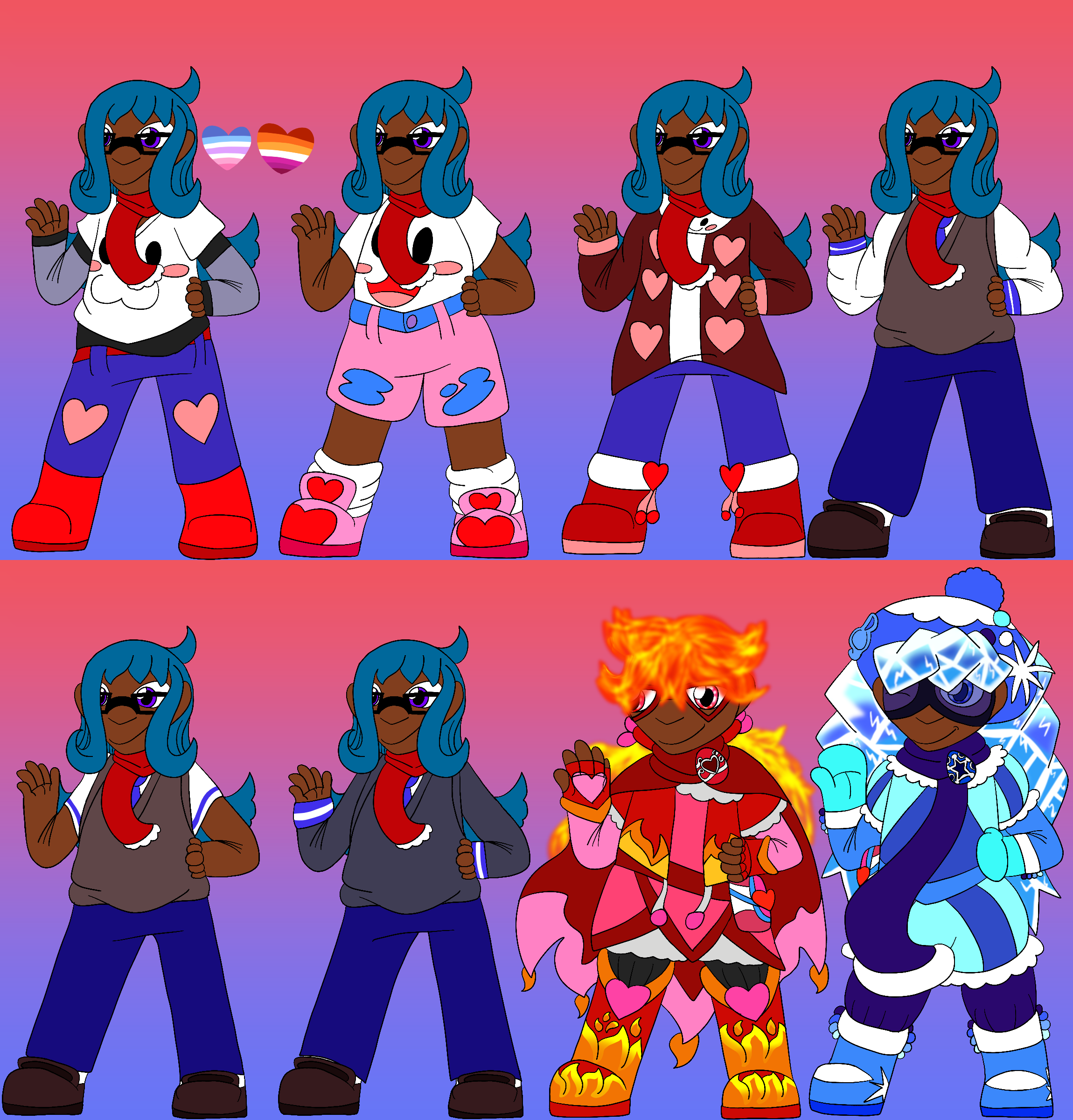 A reference sheet for the artist's Jewelpet original character, a thin human with brown skin, long dark teal hair, and purple eyes standing against a red to blue gradient background. She is shown with eight different designs, and the first design has hearts in the colors of the bigender and lesbian pride flags beside it.