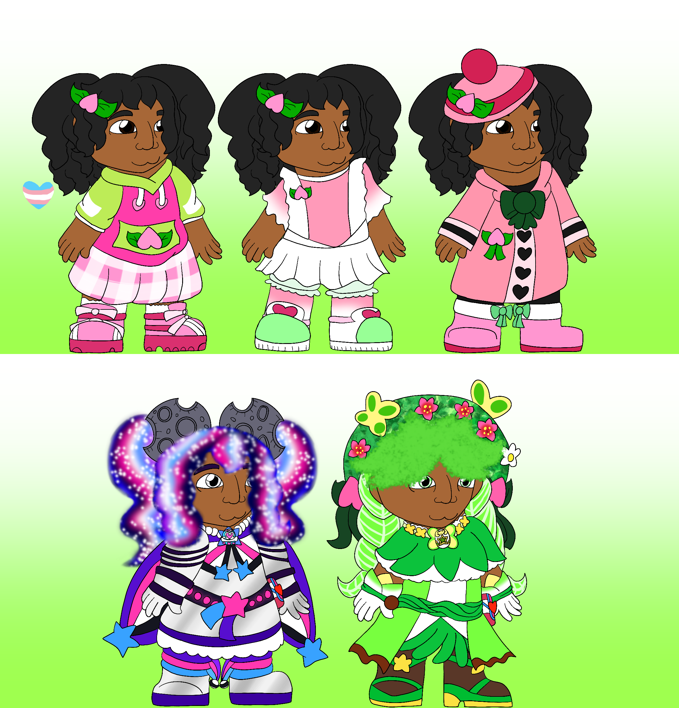 A reference sheet for the artist's Jewelpet original character, a fat human with brown skin, long and wavy black hair kept in large pigtails, prominent eyebrows, and brown eyes standing against a white to green gradient background. She is shown with five different designs, and the first design has a heart in the colors of the transgender pride flag beside it.