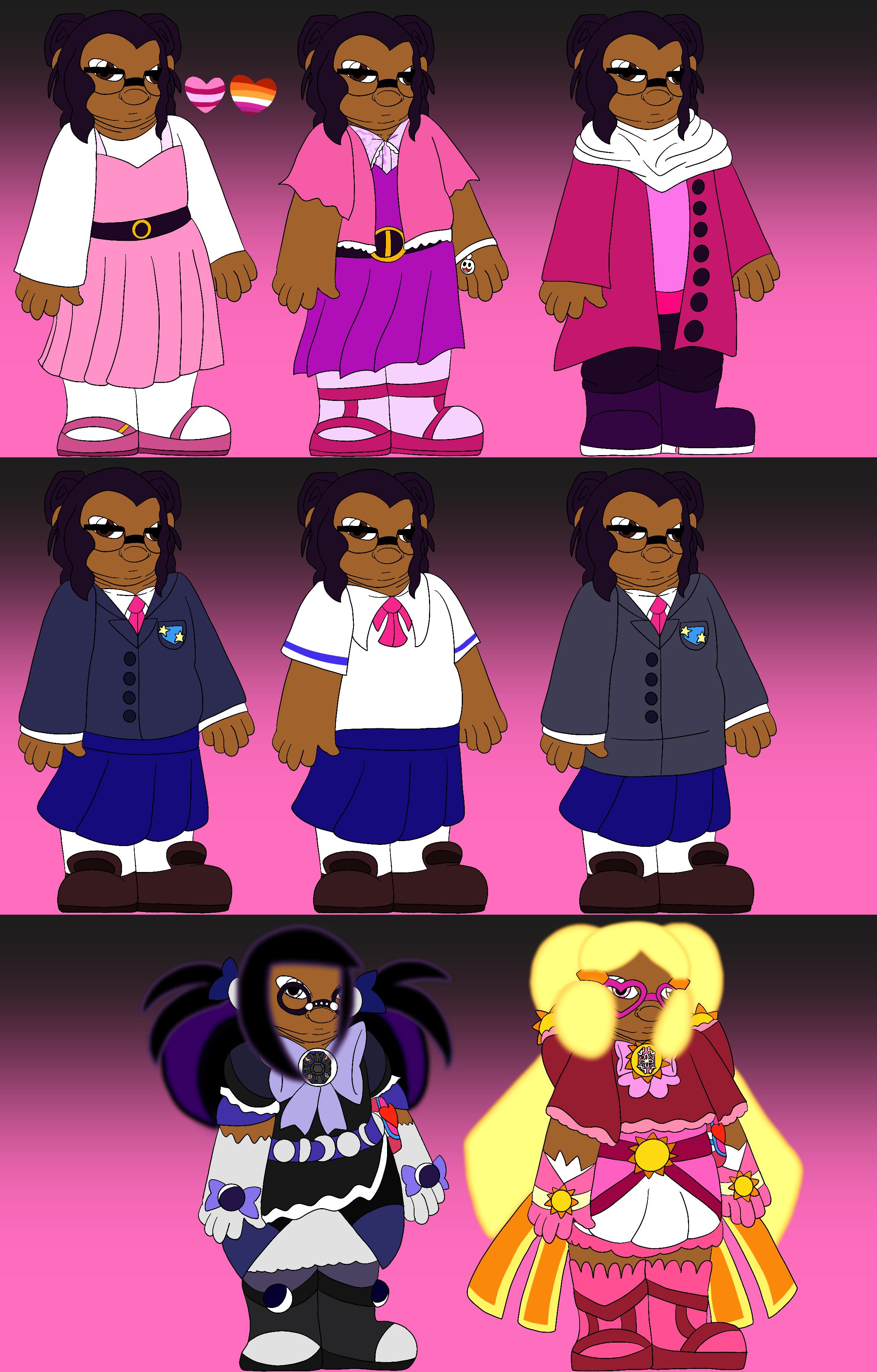 A reference sheet for the artist's Jewelpet original character, a fat human with tanned skin, short and wavy dark purple hair kept in hairbuns, and brown eyes standing against a black to pink gradient background. She is shown with eight different designs, and the first design has hearts in the colors of the transfeminine and lesbian pride flags beside it.