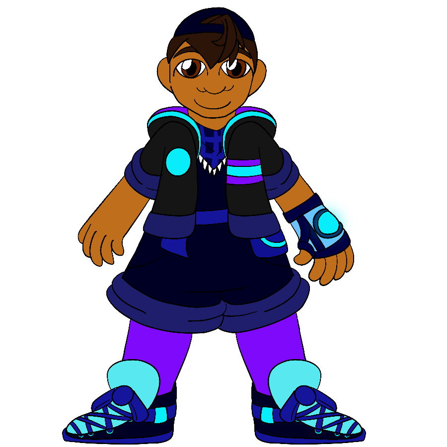 The artist's Transformers fan character, a thin girl with tanned skin, short and choppy brown hair, and brown eyes, standing and smiling. He wears a blue, purple, white, and cyan outfit consisting of a baseball cap, a short-sleeved hooded vest, a bandanna, a short-sleeved shirt, a belt, large shorts, tights, and sneakers, and he has a gauntlet with a glowing core on his right hand.