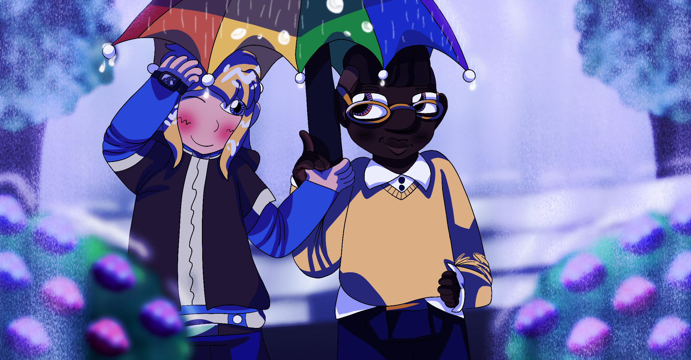 George and Bruno from Skylanders Ring of Heroes in casual attire,smiling and blushing at each other as they shared a rainbow-colored umbrella while walking through the streets on a rainy day. Trees and hydrangea bushes frame the piece, and it has a heavy blue tint.