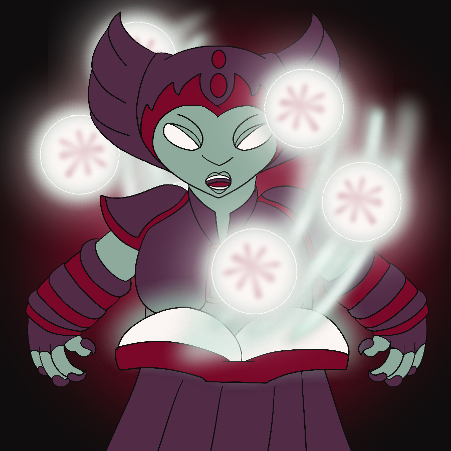 Hex from Skylanders speaking as a spellbook hovers in front of her and shoots out glowing orbs against a dark gradient background. The piece is done in shades of teal, fuchsia, and magenta.