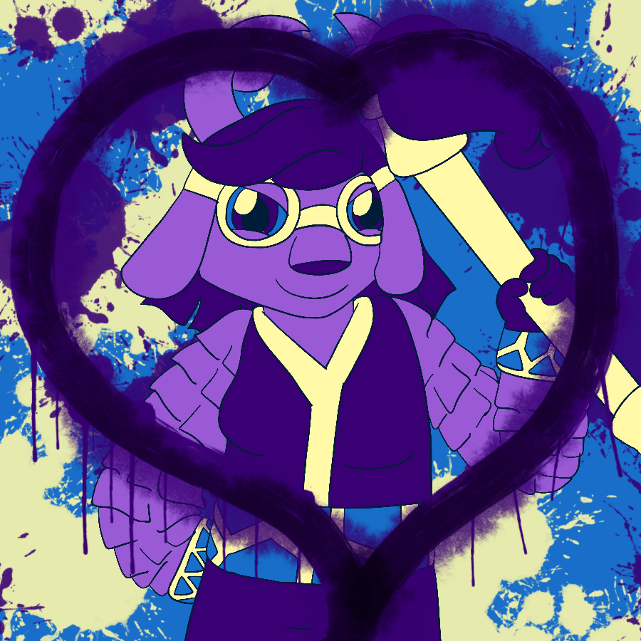 Splat from Skylanders confidently smiling and holding up her paintbrush as she examines a giant painted heart outline in front of her while standing against a background covered in paint splatters. The piece is done in shades of purple, yellow, and blue.