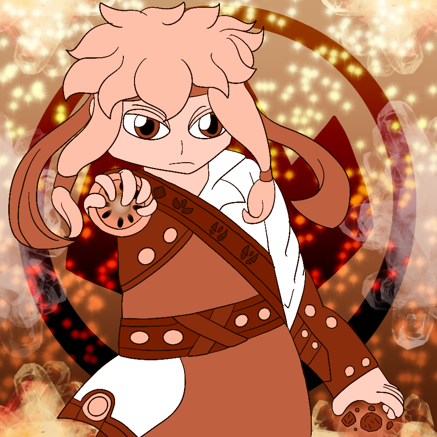 A drawing of George from Skylanders Ring of Heroes done entirely in shades of brown. He frowns and holds out his portal with one hand as he sumons rocks with the other, and stands in front of a sparkly background with a large Earth Element symbol in the center and crystals framing the corners.