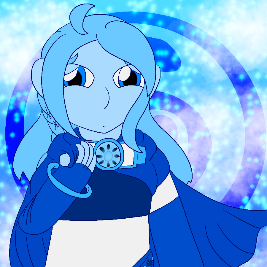 A drawing of Eugenie from Skylanders Ring of Heroes done entirely in shades of sky blue. She frowns and clutches her cape as she looks aside, and stands in front of a sparkly background with a large Air Element symbol in the center and clouds framing the corners.