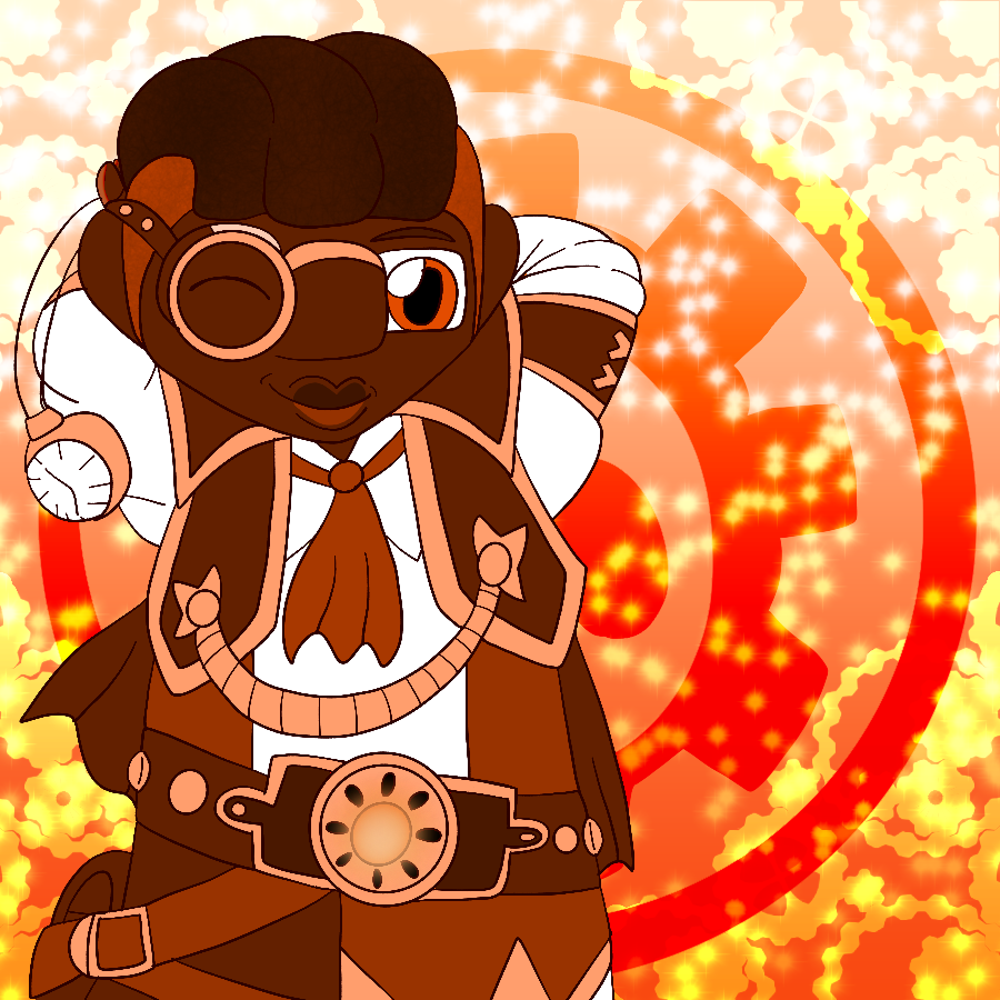 A drawing of Bruno from Skylanders Ring of Heroes done entirely in shades of orange and brown. He smiles and winks with his arms behind his head as he playfully swings his pocketwatch on his finger, and stands in front of a sparkly background with a large tech Element symbol in the center and gears framing the corners.