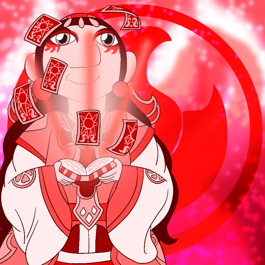 A drawing of Ryeo from Skylanders Ring of Heroes done entirely in shades of red. She grins and open her tarot card book as glowing light and tarot cards soar out of it, and stands in front of a sparkly background with a large Fire Element symbol in the center and flames framing the corners.