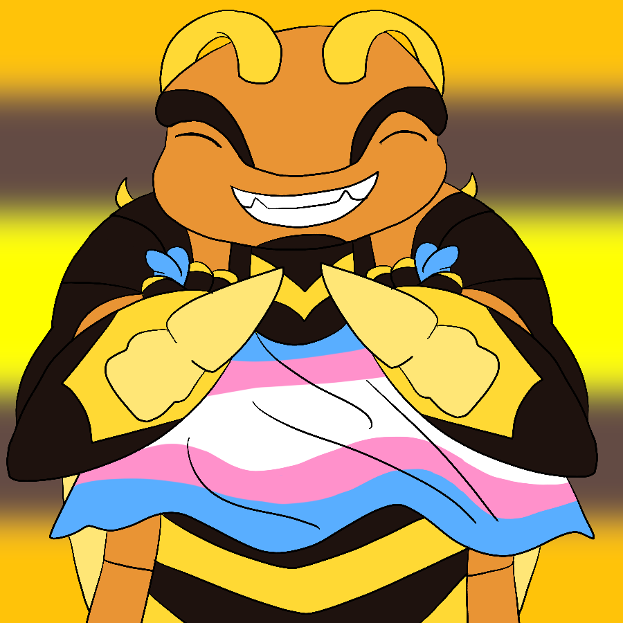 Swarm from Skylanders grinning while clutching a large transgender pride flag as he stands against a yellow and brown gradient background.