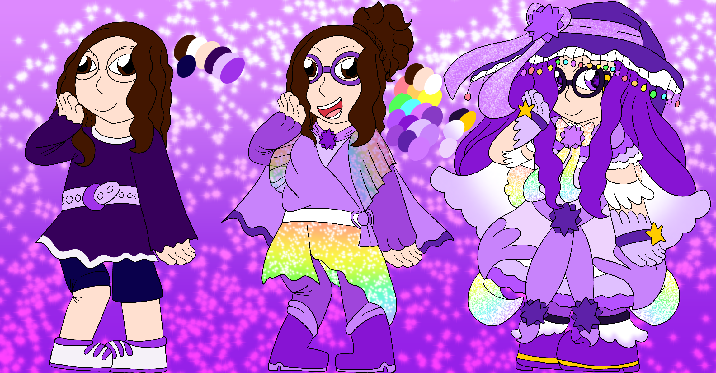 The artist's portal master sona, a thin person with peach skin, long and wavy brown hair, and brown eyes, smiling and standing while holding a hand to his face. He is shown in casual attire, a portal master outfit, and a witch/magical girl inspired Awakened Form, and he stands in front of a sparkly purple gradient background with palettes for his designs placed between them.