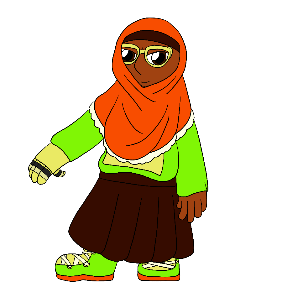 The artist's Transformers fan character, a thin girl with brown skin and darker brown eyes, standing and smiling. She wears an orange, green, yellow, black, and brown outfit consisting of a khimar with a trim, a hoodie, a long skirt, and lace-up boots, and she has a prosthetic left hand.