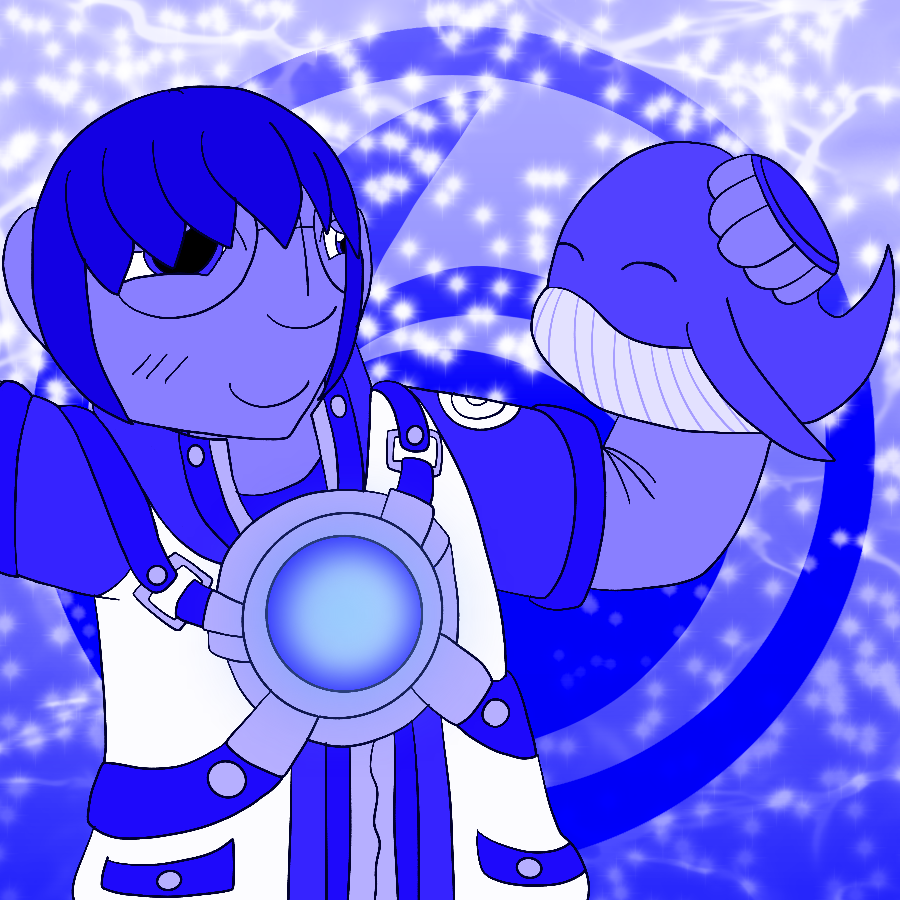 A drawing of Oscar from Skylanders Ring of Heroes done entirely in shades of blue. He grins and stretches one arm offscreen as he pets Ms Whale, and stands in front of a sparkly background with a large Water Element symbol in the center and trails of water framing the corners.