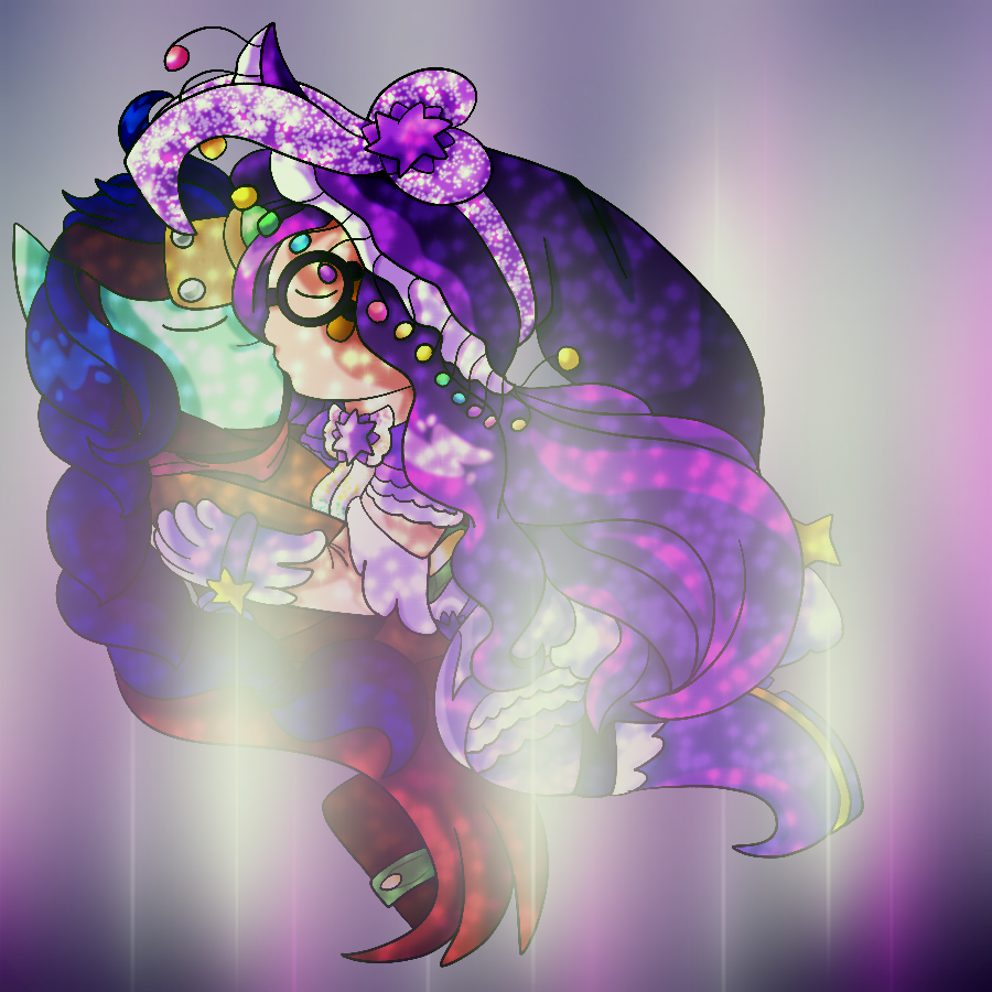 Stealth Elf from Skylanders, depicted her in her Awakened form from Skylanders Ring of Heroes, and the artist's Skylanders sona, who is wearing a witch/magical girl inspired Awakened outfit, floating in midair and embracing as they kiss in a glowing green and purple aurora within a dark sky.