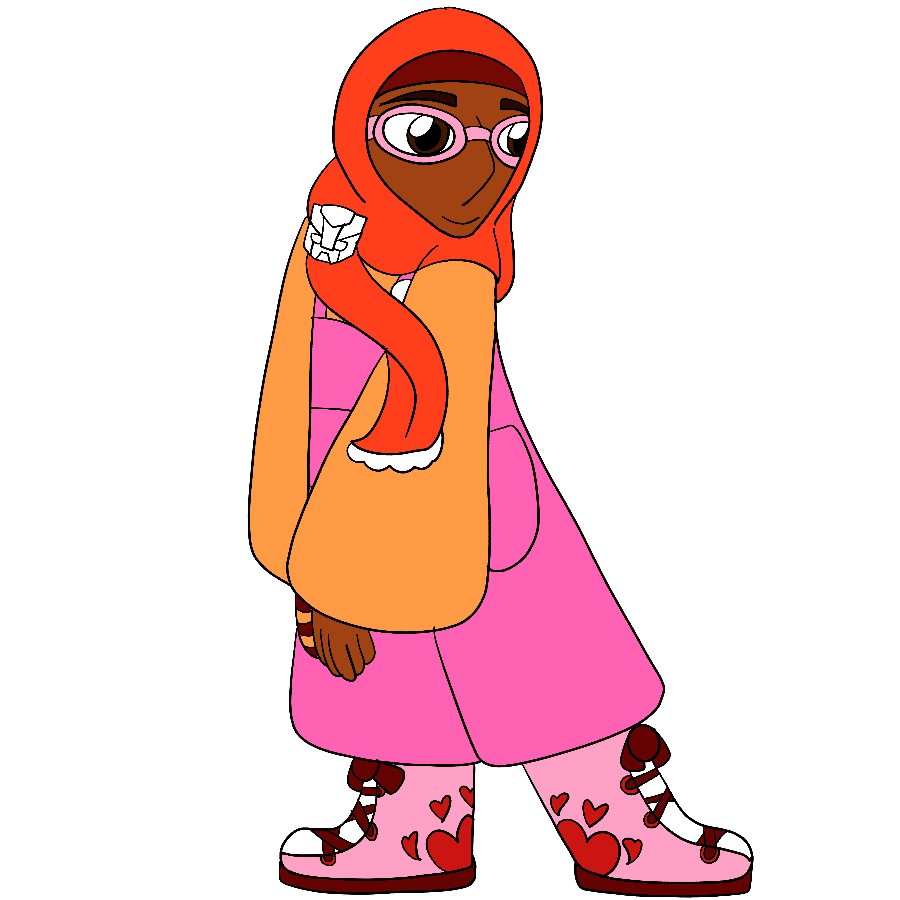 The artist's Transformers fan character, a thin woman with brown skin and darker brown eyes, standing and smiling with hands rested. She wears an orange, green, yellow, black, and brown outfit consisting of a shayla with a fluffy trim on the scarf and a clip shaped like the Autobot symbol clipped to it,, a loose and large long-sleeved shirt, large overalls, and lace-up boots with heart designs, and she has a prosthetic left hand.