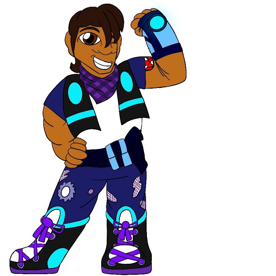 The artist's Transformers fan character, a muscular woman with tanned skin, a short brown mullet with choppy bangs, and brown eyes, smiling and winking as he flexes. He wears a blue, purple, white, and cyan outfit consisting of a plaid bandanna, a short vest over a short-sleeved shirt, twin belts, torn jeans, and knee-high lace-up boots, and he has a gauntlet with a glowing core on his right hand and the Autobot symbol tattooed on his right bicep.