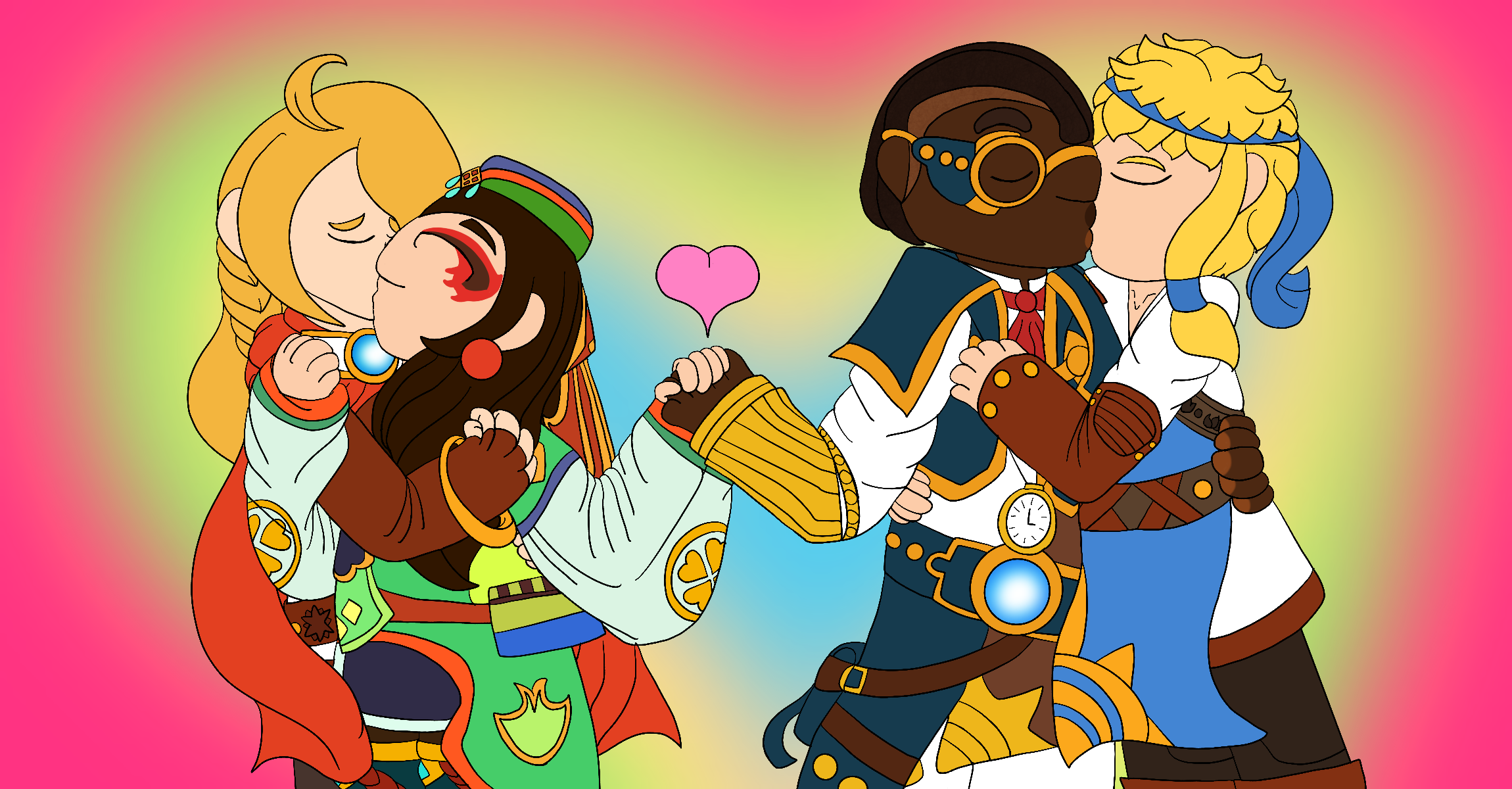 Eugenie and Ryeo kissing while Ryeo holds hands with Bruno, who is kissing George. They stand in front of a gradient heart-shaped background in their colors, and a heart floats above Ryeo and Bruno's clasped hands.