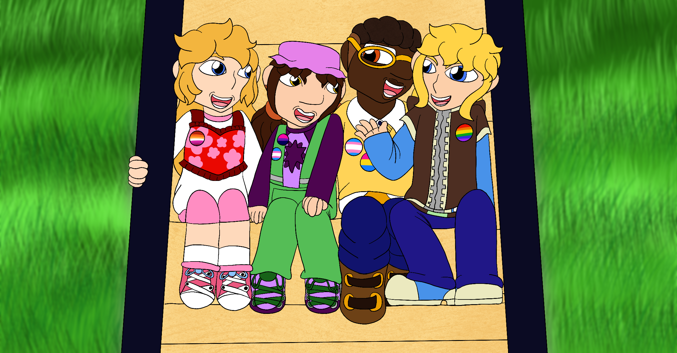 Eugenie, Ryeo, Bruno, and George from Skylanders Ring of Heroes in casual wear, standing on a large stone staircase in the middle of a grassy field together. They also wear buttons bearing various pride flags.