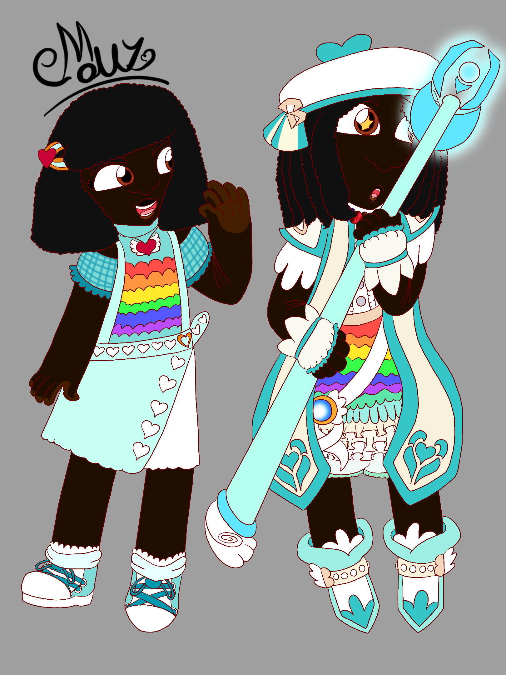 Two drawings of the artist's Skylanders Ring of Heroes original character, a thin girl with deep brown skin, short natural black hair, and brown eyes. In the first, she is depicted in casual attire and grins as she waves, and in the second, she wears a white, teal, and rainbow magical girl-inspired portal master outfit, and looks up in awe as she clutches a glowing staff. The character's name, Molly, is written in the upper-left corner.