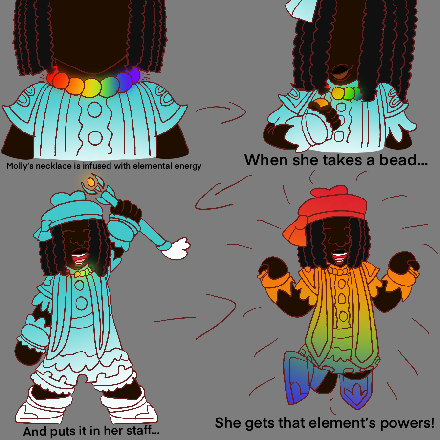 A short comic explaining how Molly's portal master power works, with captions explaining the power's activation process. It shows that her necklace is charged with elemental energy, and when she takes a bead from it and puts it in her staff, she gets the power of that bead's element.