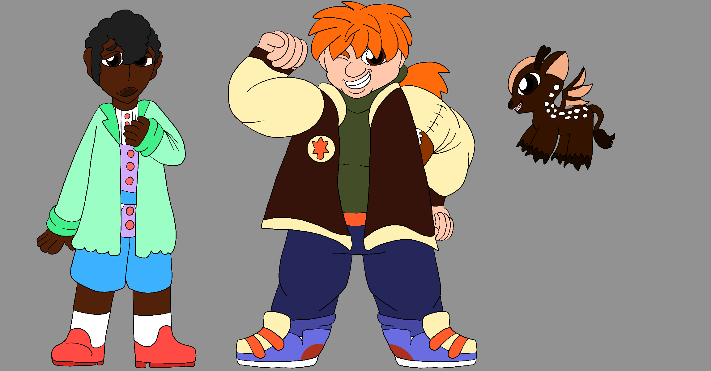 A lineup of three characters. The first is a thin human with brown skin, curly black hair, and brown eyes who wears a cardigan over a button-up, layered shirt with a belt around the waist, shorts, socks, and oxfords in spring color. The second is a large, bulky girl with spiky orange hair kept in a short ponytail, brown eyes, prominent eyebrows, and large, broad features who wears a varsity jacket, a turtleneck, a belt, jeans, and sneakers in fall colors. The third is a creature that resembles a cross between a deer and a bat with an orange, white and brown color palette.