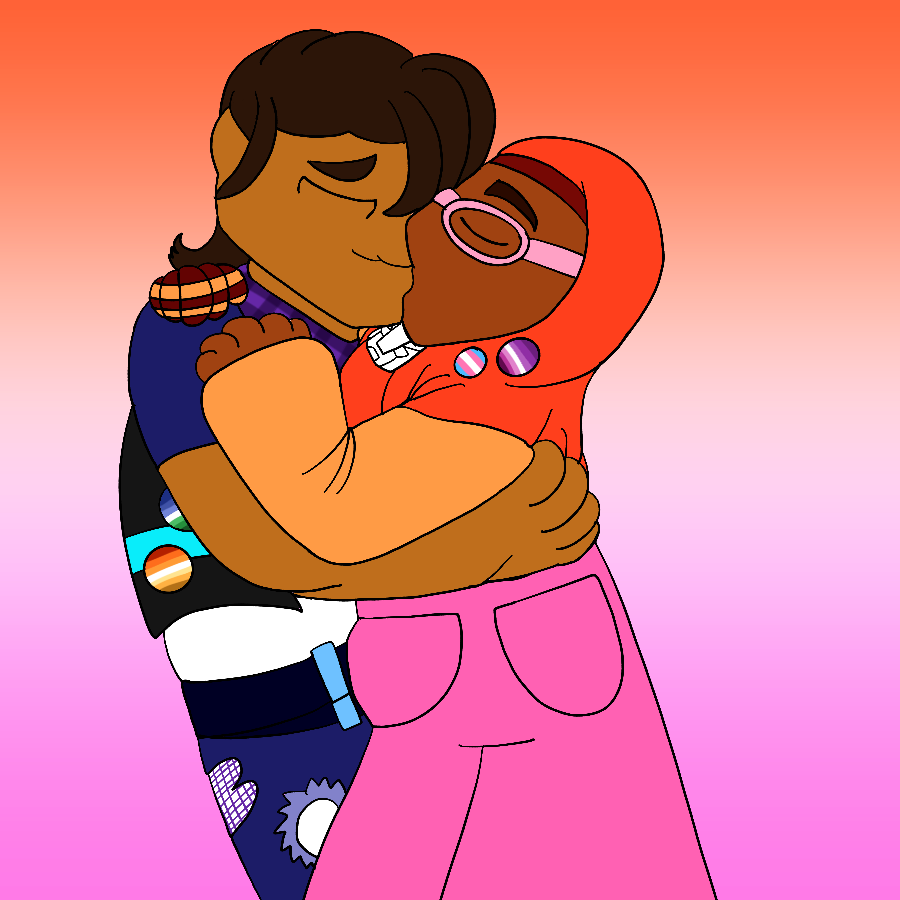 The artist's Transformers fan characters, a tanned, bulky woman with short and choppy brown hair and a thin woman with brown skin, kissing in front of a gradient lesbian pride flag background. In addition to their casual attire, the first original character wears pins bearing the butch and he/him lesbian pride flags, while the second one has pins bearing the femme lesbian and transgender pride flags.