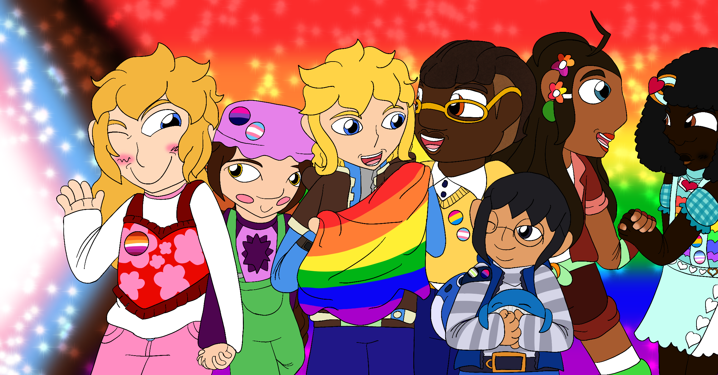 The portal masters and Ms Whale from Skylanders Ring of Heroes and the artist's Skylanders Ring of Heroes original character smiling and standing together while wearing casual attire and wearing or holding pride fla memorabilia. They stand in front of a sparkly gradient progress pride flag background.