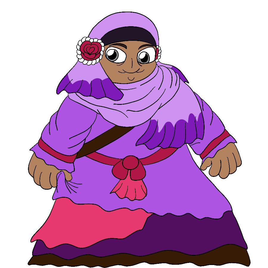 The artist's Skylanders fan character, a fat woman with tanned skin and gray eyes, smiling and standing while clutching her skirt. She wears a lavender, white, and magenta outfit consisting of a shayla with twin sides outfitted by clips shaped like roses lined with pearls, and a long, loose dress with a loose ribbon belt, a layered skirt, and bands on the wrists, and a brown bag.