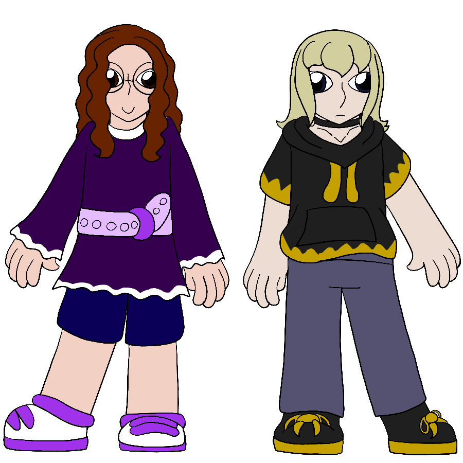 The artist's Precure sona and fancure standing together in casual wear. The sona is thin with peach skin, long and wavy brown hair, and dark brown eyes, and smiles, while the fancure has dull pale skin, shoulder-length and straight dull blond hair, and dark brown eyes, and frowns.