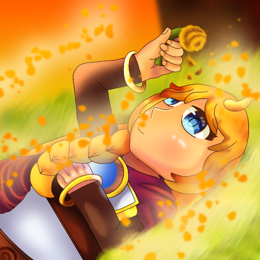 An anime-esque art piece of Eugenie from Skylanders Ring of Heroes laying laying in a grassy field with a smile as she holds a dandelion above her. The piece is set during the evening, and dandelion petals blow on the wind around her.