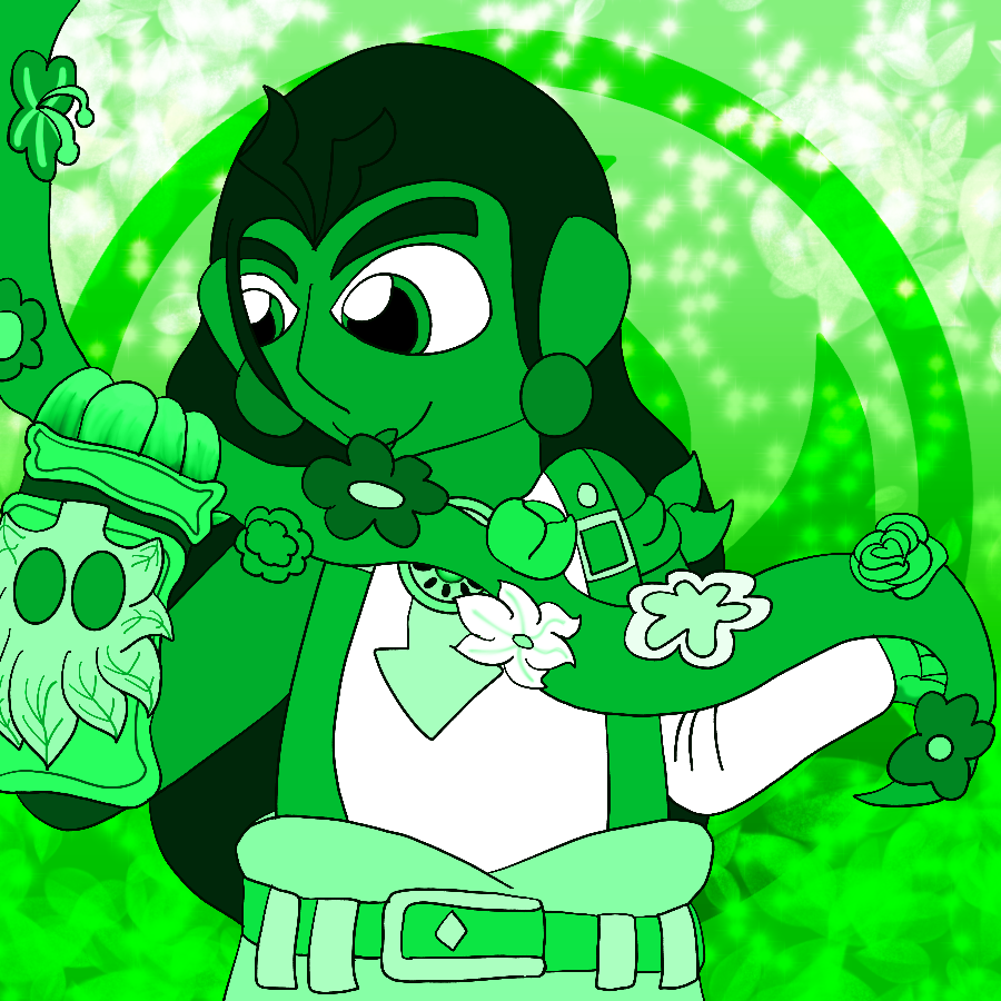 A drawing of Adriana from Skylanders Ring of Heroes done entirely in shades of green. She smiles and clutches a vine blooming with flowers as she clutchs it, and stands in front of a sparkly background with a large Life Element symbol in the center and leaves framing the corners.