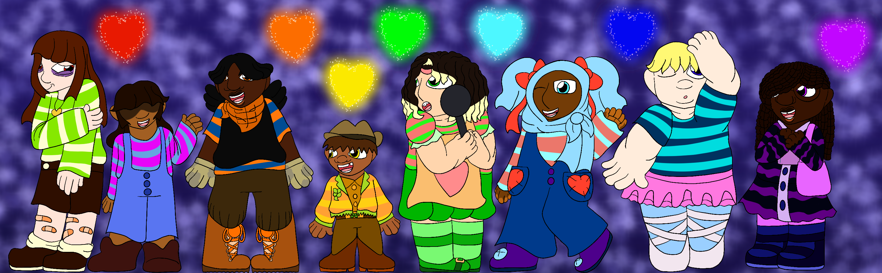 A lineup consisting of the artist's interpretations of Chara and Frisk from Undertale as well as the other human souls posing against a sparkly, dark blue gradient background. Sparkling versions of their souls float next to them.