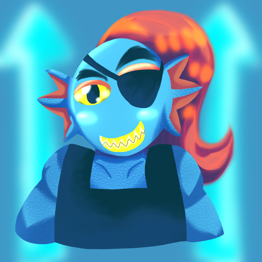 A lineless digital half-body of Undyne from Undertale smiling. She stands in front of a blue gradient background with her spears popping up behind her.