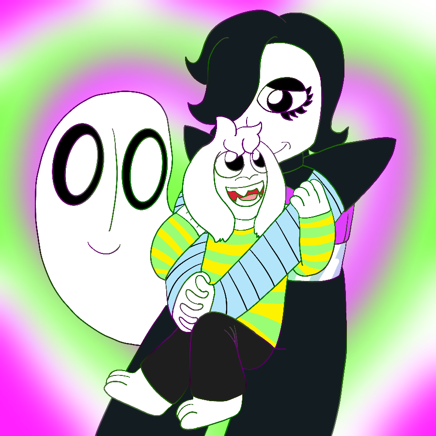 Mettaton EX from Undertale smiling as he hugs Asriel Dreemurr, who grins and hugs him back as he loks up while Napstablook smiles and peeks out from behind Mettaton. They stand stand in front of a gradient, heart-shaped background in their colors.