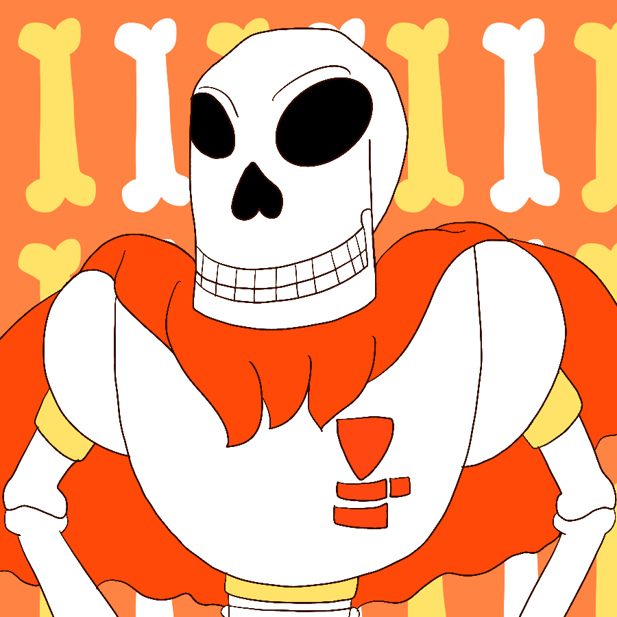 Papyrus from Undertale, depicted here as a slightly more realistic skeleton, grinning and standing confidently against an orange background covered in yellow and white bones.