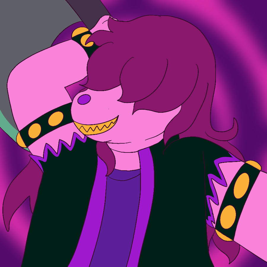 Susie from Deltarune in her Dark World design, grinning and wielding her ax as she stands against a pink and purple gradient spiral background.