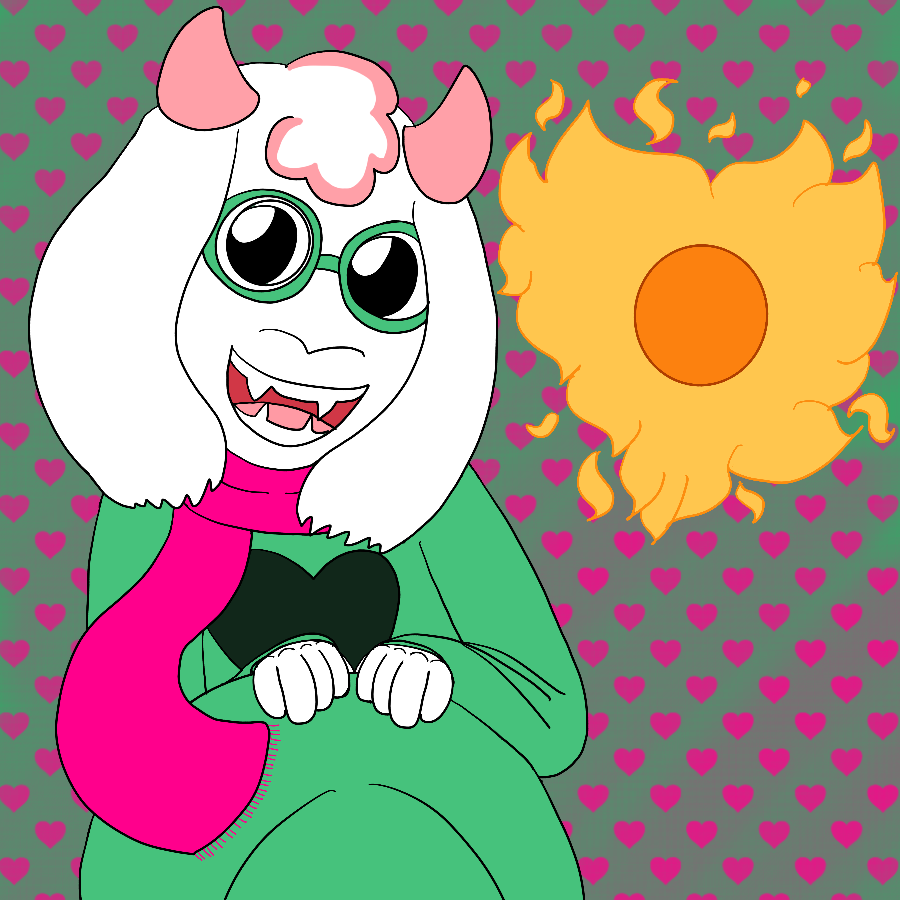 Ralsei from Deltarune smiling and clutching his hat as he stands against a green background covered in pink hearts, while a fireball shaped like a heart floats beside him.